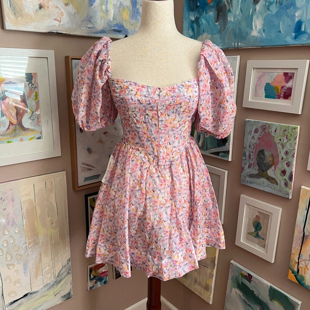 Bardot Pink Floral Puff Sleeve Kiah Corset Mini Dress Cottage Coquette Sz S US 4